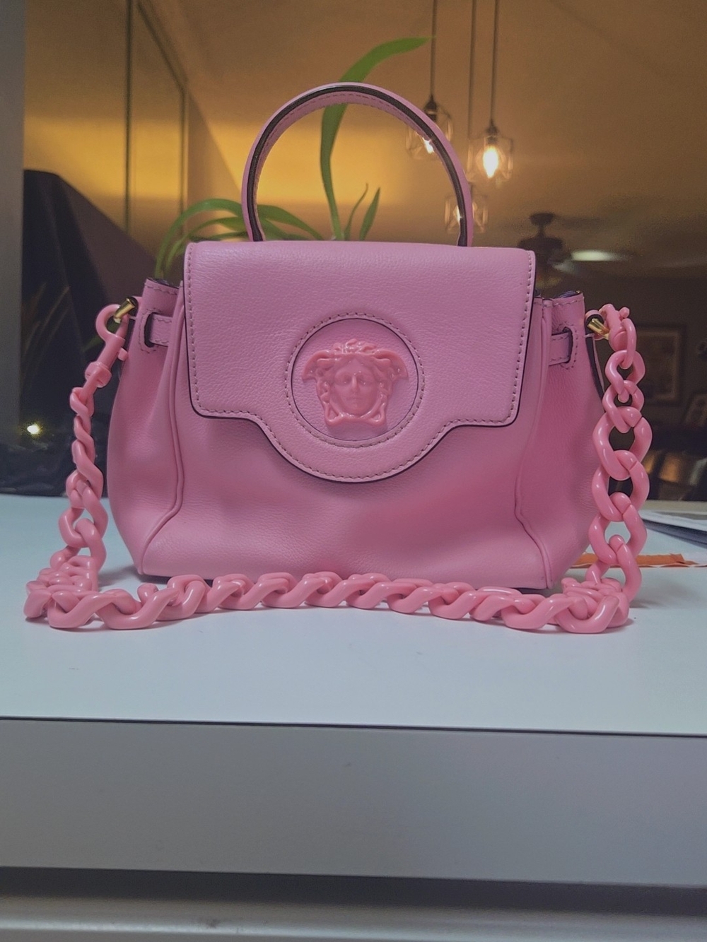 Versace Pink Leather Top-Handle Bag with Chain Strap